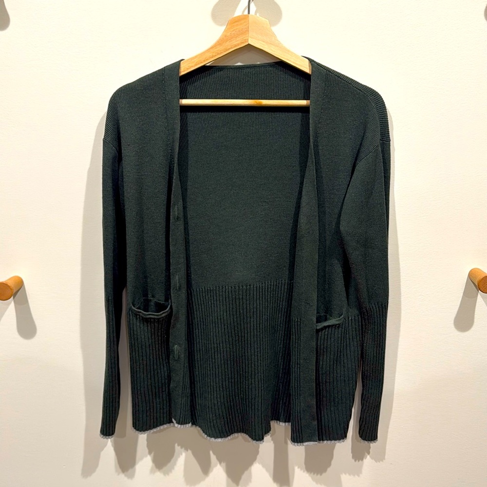 Aday All Weather Sweater in Nori, missing buttons